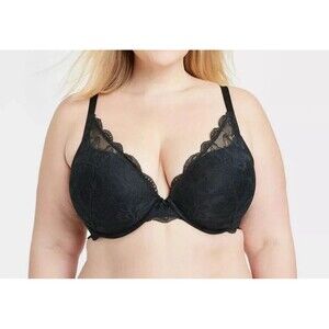 Auden ‘The Sublime’ Plunge Push-Up Bra Size 40DDD Black Lace Underwire EUC